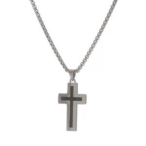 New Stainless Steel Cross Necklace. Cross has black inlay. Chain is 24”
